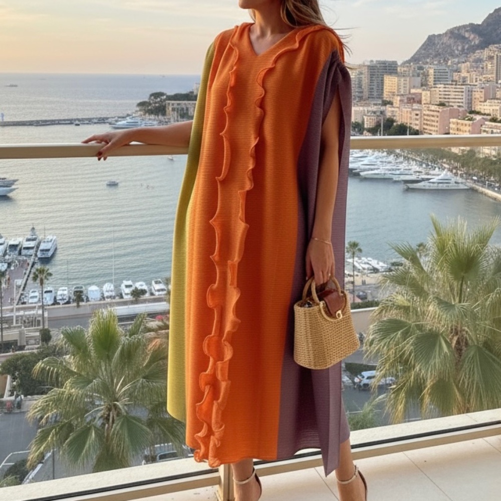 A375  Oversized Colorblock Kimono Maxi Dress Sash Included Resort Style NWOT